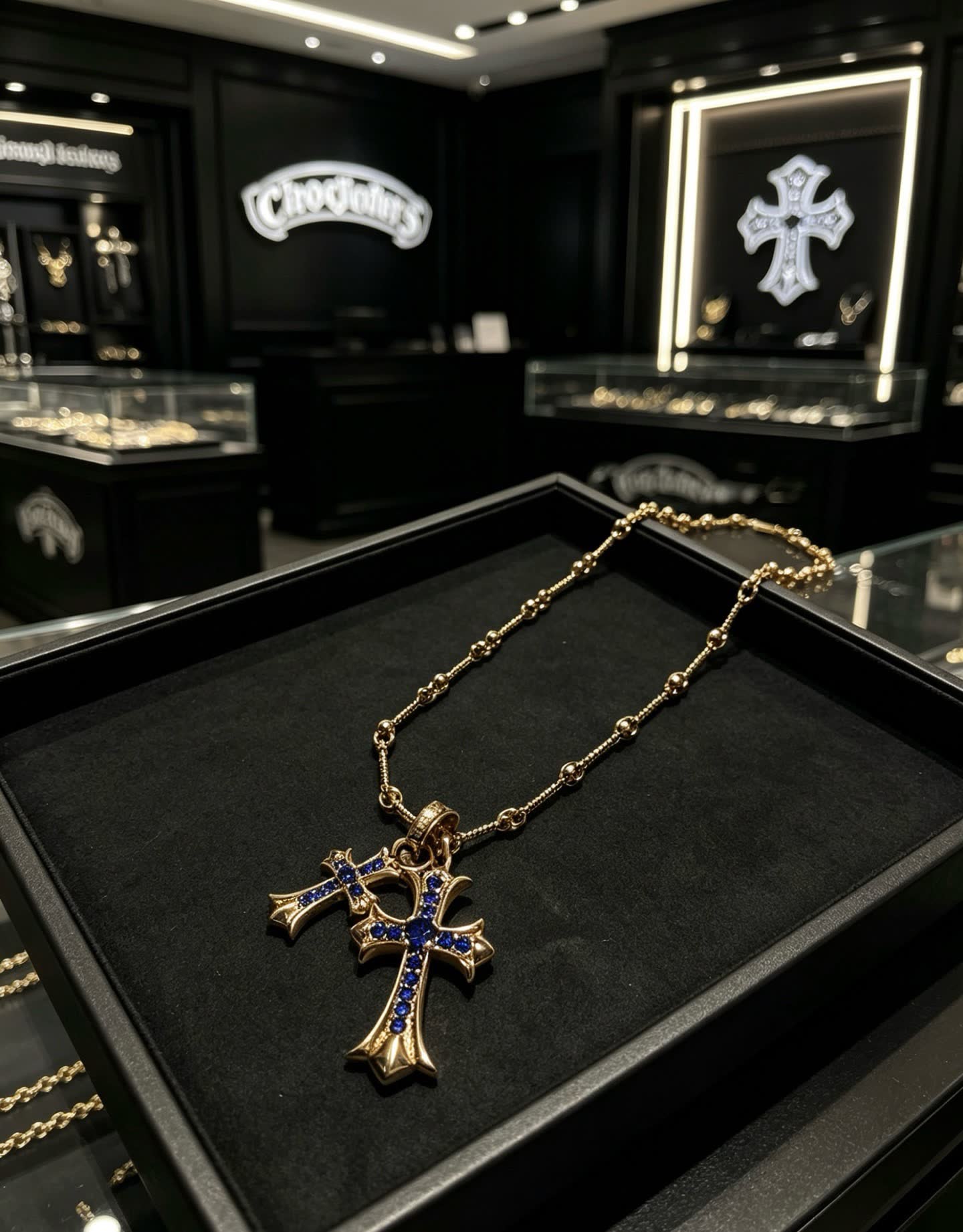 Chrome Hearts Carrera Gold-Tone Blue Crystal Cross Pendant Necklace